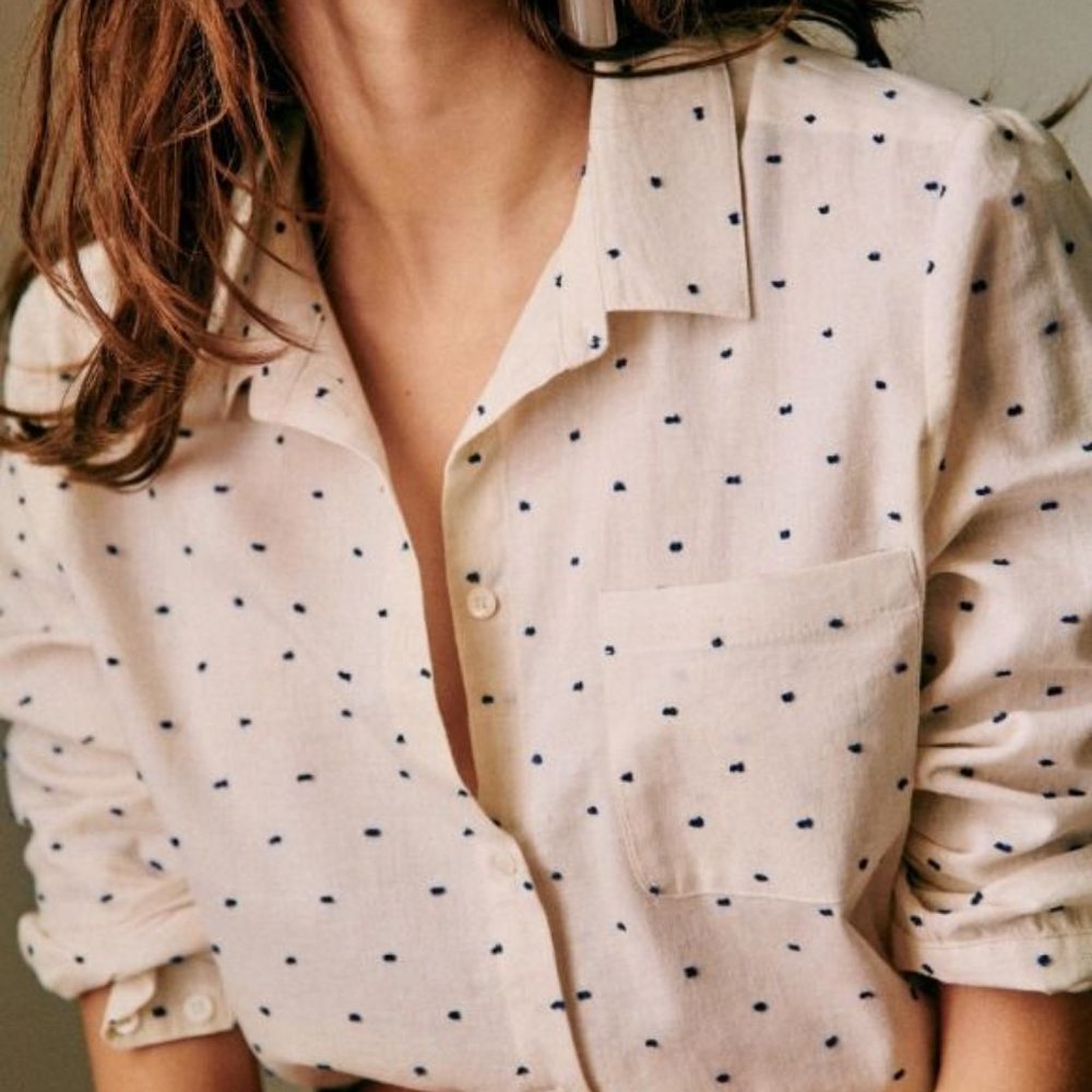 SEZANE Tomboy Shirt--Ecru/Blue Dots, Size 36/US 4, NWT